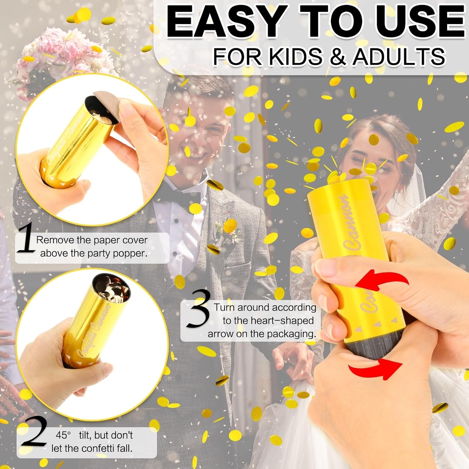 Confetti Cannon 8 Pack Small gold Confetti Poppers ideal for Weddings, Birthdays