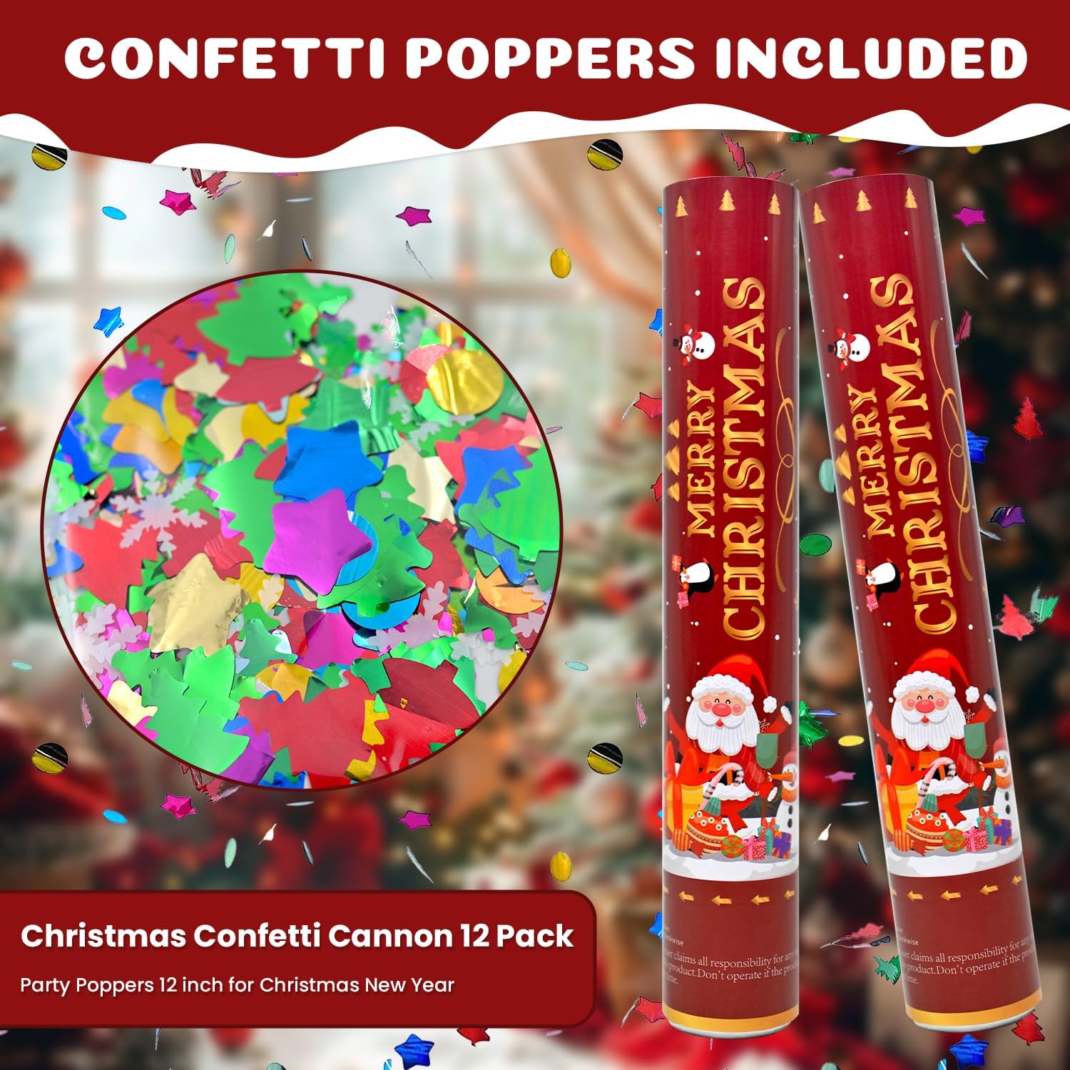 Party Poppers Confetti Cannon 12 Pack Christmas Confetti Popper 12 Inch Xmas Multicolor