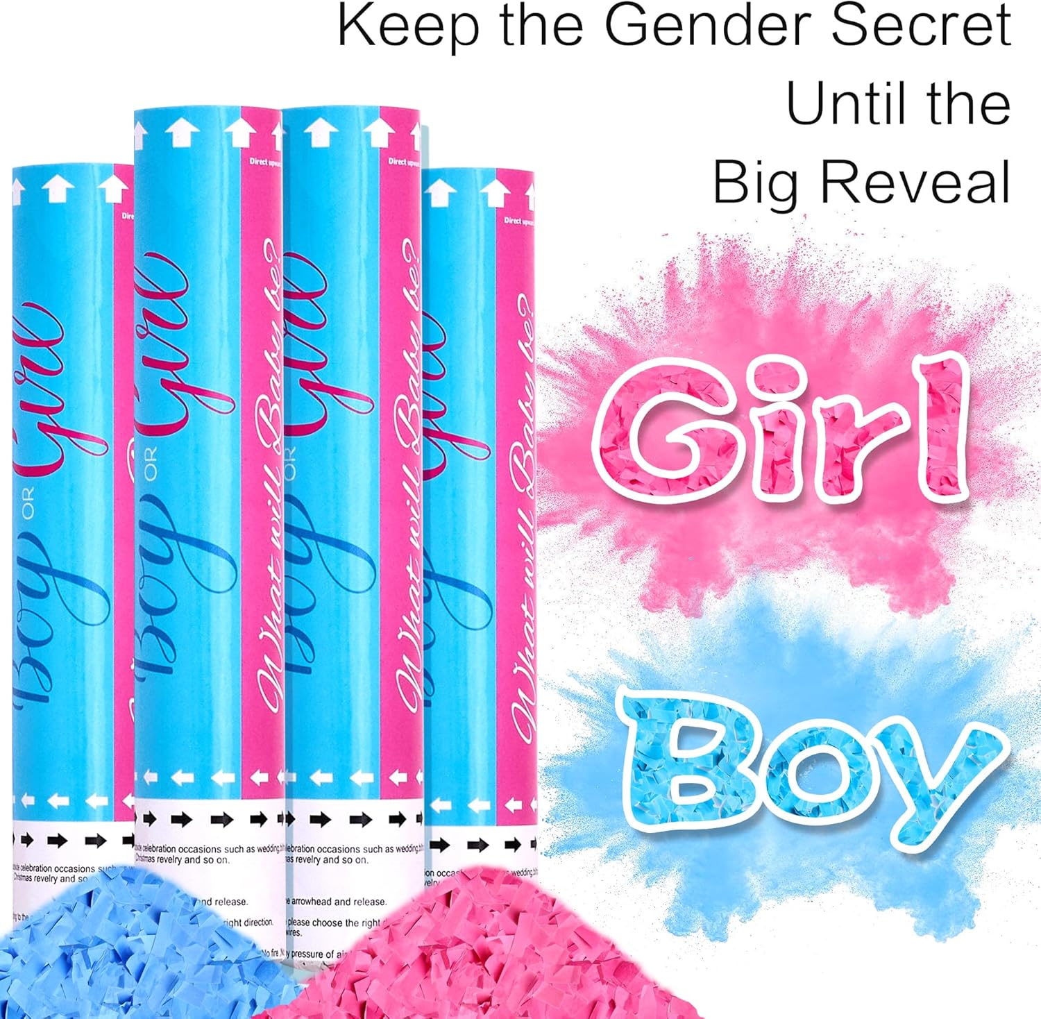 Gender Reveal Cannons Confetti Powder Cannon Set4  2Pink 2Blue Boy or Girl