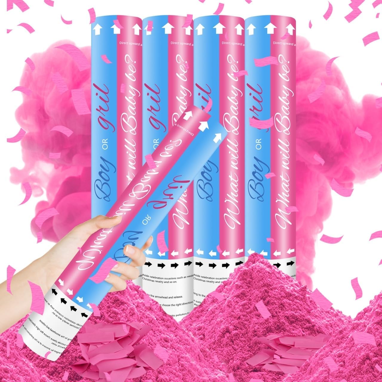 Gender Reveal Cannons Confetti Powder Cannon Set4  2Pink 2Blue Boy or Girl